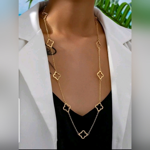 Four Leaf Clover Gold  Long  Necklace - Picture 1 of 6